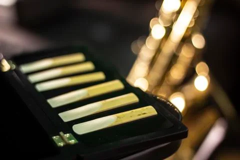 Saxophone reed in the opened case on the table Stock Photos