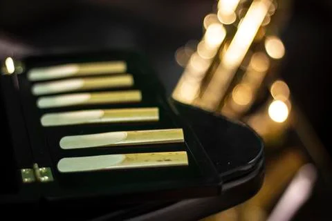 Saxophone reed in the opened case on the table Stock Photos