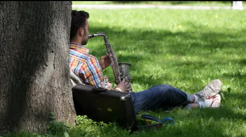 Saxophonist playing while sitting on the lawn in the park Stock Footage 50513086