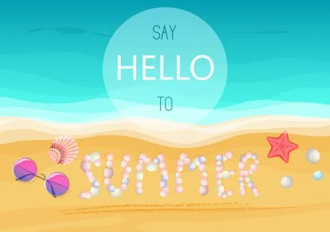Say hello to summer text on sandy seashells shore. Vector illustration. Summer Stock Illustration