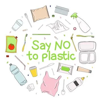 Say no to plastic circle poster. Concept of prevention of plastic pollution.  Stock Illustration