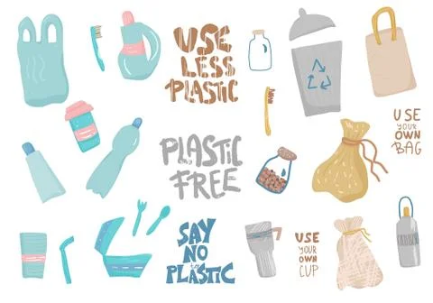Say no to plastic design elements set in flat style. Quotes with eco lifestyl Stockillustratie