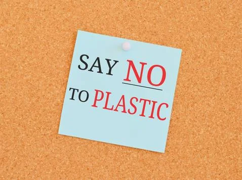 Say no Plastic reminder note over a kork board.Concept meaning ways can elimi Stock Photos