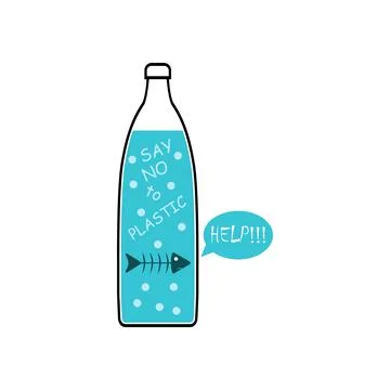 Say no to plastic. Skeleton fish say help in plastic bottle.  Stock Illustration