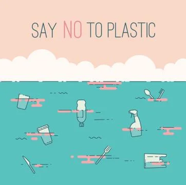 Say no to plastic text and waste in the ocean Stock Illustration