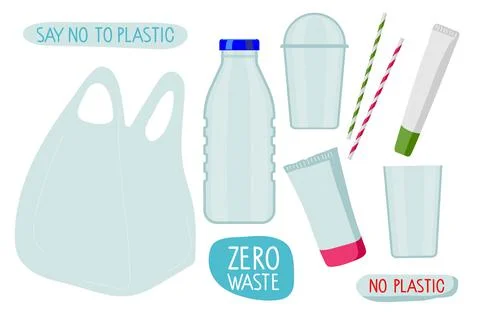 Say No to plastic. Various plastic products, bottle, plastic cup, bag, straw Stock Illustration
