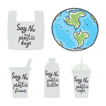Say no to single-use plastic. Living plastic free. Earth, cups bags bottles s Stock Illustration