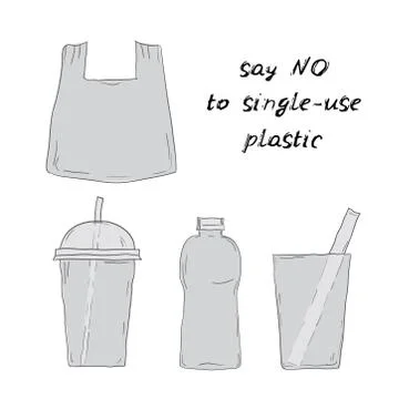 Say no to single-use plastic. Living plastic free. cups bags bottles straws.  Stock Illustration