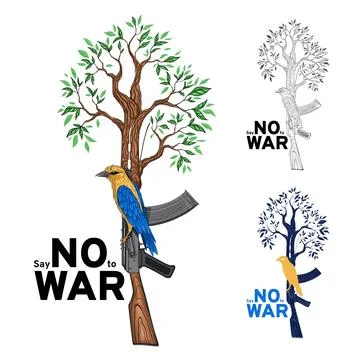 Say no to war, weapon with tree branches, Calling for peace in Ukraine Stock Illustration
