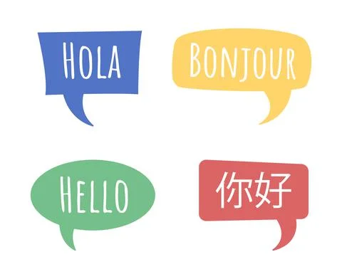 Saying hello in different languages semi flat color vector speech bubble set Illustrazione stock