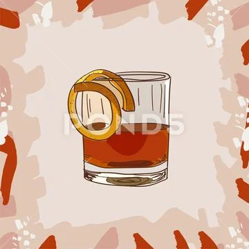Sazerac cocktail illustration. Alcoholic classic bar drink hand drawn vector. Stock Illustration