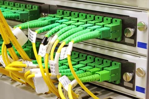 Sc connectors in patch panel Foto stock