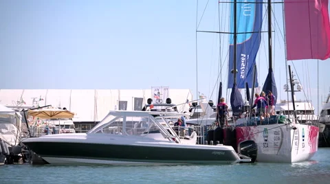 Sca sailing boat docked during Genoa Boat Show Stock Footage 58660089