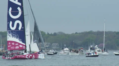 SCA sailing team navigates around the buoy in Newport bay during in port race Stock Footage 50967760