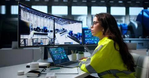SCADA Operator Carefully Monitors Gas Turbine Systems Using Advanced Software Stock Photos
