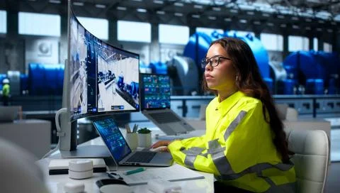 SCADA Operator Closely Monitors Power Plant Systems Using Advanced Software T Stock Photos
