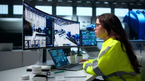 SCADA Operator Monitors Real-time Power Plant Systems Stock Footage 344716102