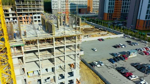 Scaffold between floors and interior partitions in construction building aerial 스톡 동영상 113954274