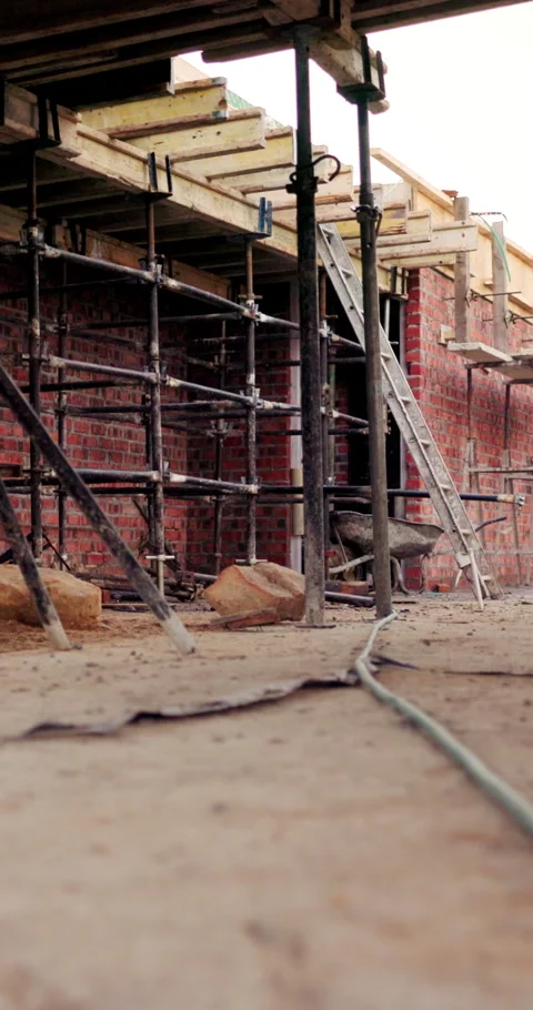 Scaffolding, construction or empty brick wall on site for development process Stock Footage 336226446