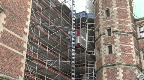 Scaffolding with Elevator for Construction Workers at Frederiksborg Palace Stock Footage 68636768