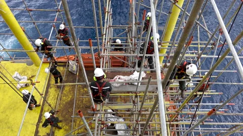 Scaffolding erection. Working at height and overboard. Stock Footage 158158223