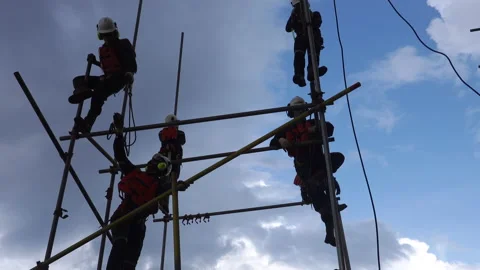 Scaffolding erection. Working at height and overboard. Stock-Footage 158160324