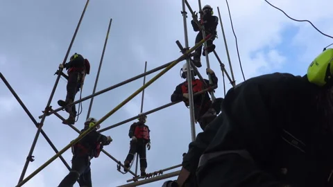 Scaffolding erection. Working at height and overboard. Stock-Footage 158160374