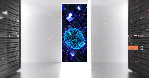 Scalable AI infrastructure animation with server racks and motherboard. Stock Footage 332291920