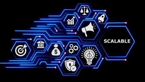 Scalable business technology concept with glowing lines and icons. Illustrazione stock