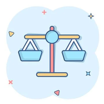 Scale balance icon in comic style. Justice cartoon vector illustration on whi Illustrazione stock