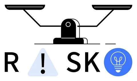 Scale balancing on central pivot with risk warning triangle symbol and idea l Stock Illustration