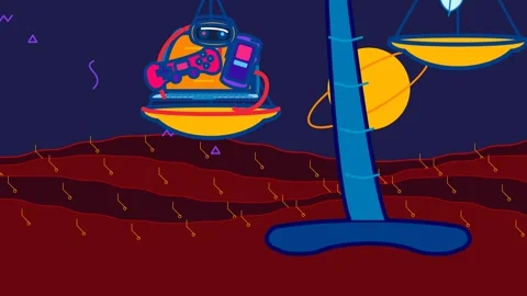 Scale Balancing Tech Gadgets And A Leaf In Surreal Landscape Animation Video stock 341373229