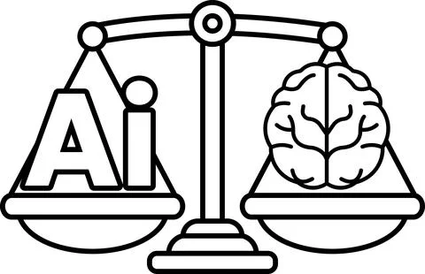 A scale with a brain on one side and the letters AI on the other Stock Illustration