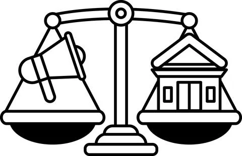 A scale with a building on the right and an amplifier on the left Ilustración de archivo
