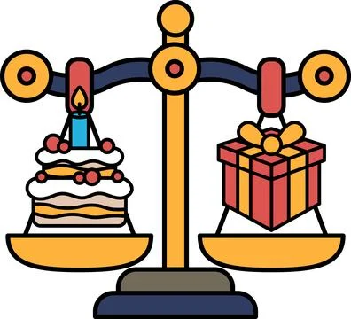 A scale with a cake on one side and a gift on the other Stock Illustration