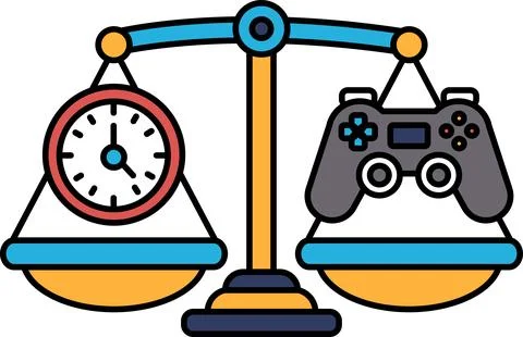 A scale with a clock on one side and a video game controller on the other Stock Illustration