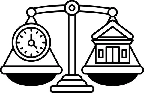 A scale with a clock on one side and a building on the other Ilustración de archivo