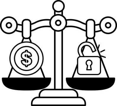 A scale with a dollar sign on one side and a lock on the other Stock Illustration
