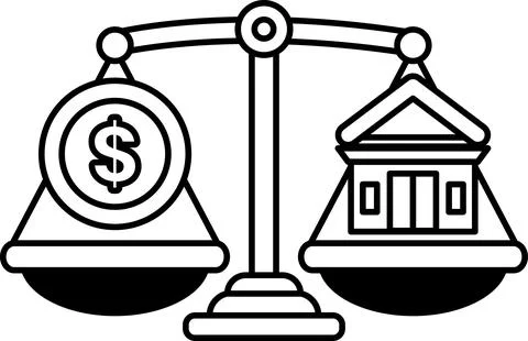 A scale with a dollar sign on one side and a building on the other Ilustración de archivo