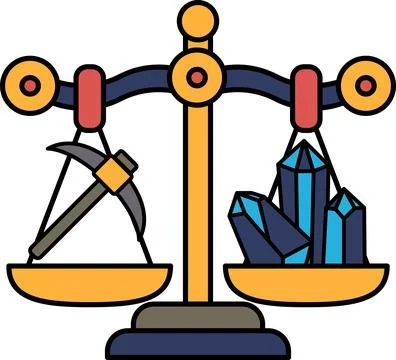 A scale with a hammer on one side and a pile of crystals on the other Stock Illustration
