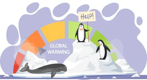 Scale with indicator of global warming on planet Earth. Penguins and whale Illustrazione stock