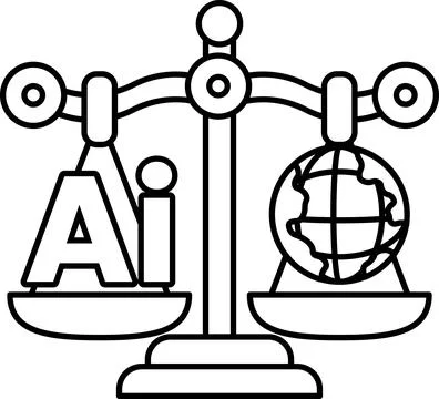A scale with the letters AI on one side and a globe on the other Illustrazione stock
