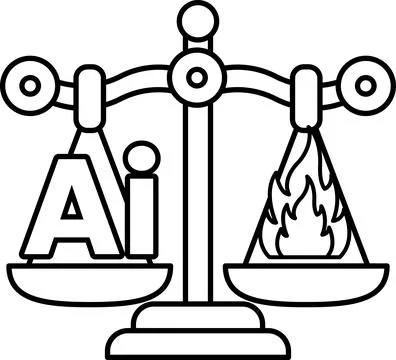 A scale with the letters AI on one side and fire on the other Stock Illustration