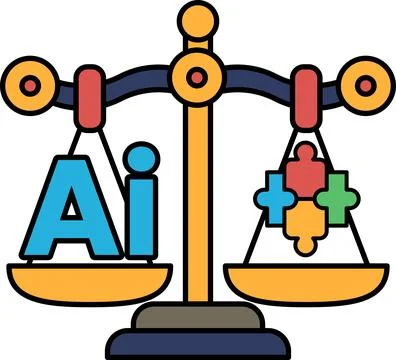 A scale with the letters AI on one side and a puzzle on the other Stock Illustration