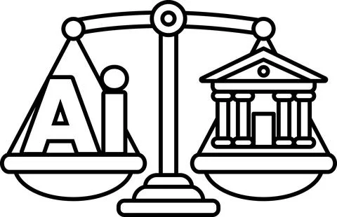 A scale with the letters AI on one side and a building on the other Ilustración de archivo