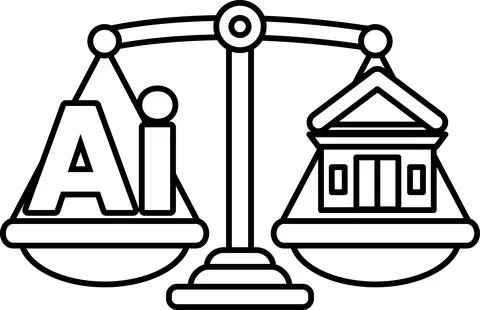 A scale with the letters AI on one side and a building on the other Ilustración de archivo