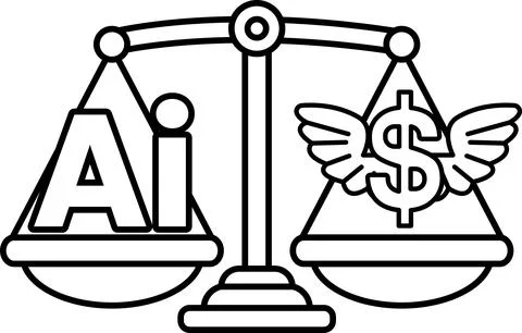 A scale with the letters AI on one side and a dollar sign on the other Stock Illustration
