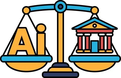 A scale with the letters AI on one side and a building on the other Ilustración de archivo