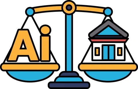A scale with the letters AI on one side and a building on the other Ilustración de archivo