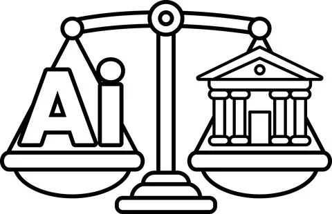 A scale with the letters AI on one side and a building on the other Ilustración de archivo